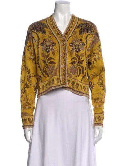 Pre-owned Farm Rio Floral Print V-neck Sweater In Yellow
