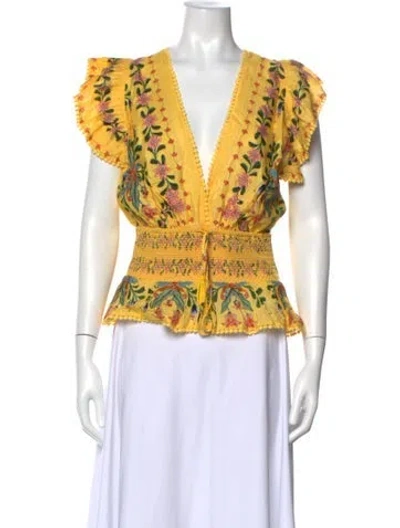 Pre-owned Farm Rio Floral Print V-neck Top In Yellow