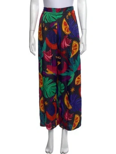 Pre-owned Farm Rio Floral Print Wide Leg Pants In Black