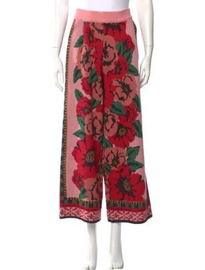 Pre-owned Farm Rio Floral Print Wide Leg Pants In Red