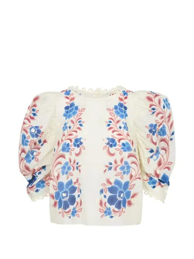 Farm Rio Sand Renata Floral 3d Puff Sleeve Blouse In Multi