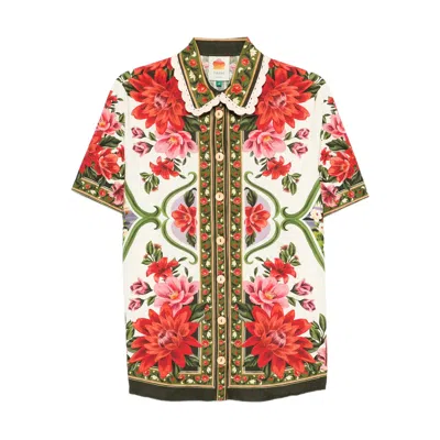Farm Rio Wonder Multicolor Shirt With Lace Embroidered Classic Collar And All-over Floral Motif In Linen Blen