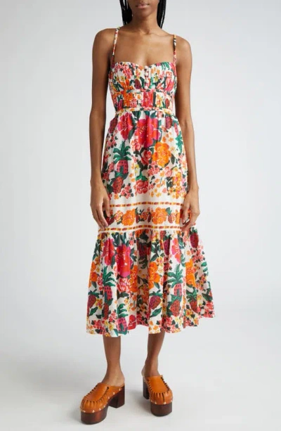 Farm Rio Floral Sketch Tiered Cotton Midi Dress In Floral Sketch White