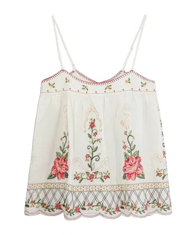 Farm Rio Linen-blend Top With Floral Embroidery In Multi