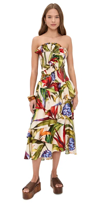 Farm Rio Florart Strapless High Low Cotton Dress In Multi