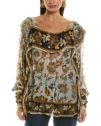 Farm Rio Floral Tapestry Silver Bee Hive Detail Long Sleeve Blouse In Multi