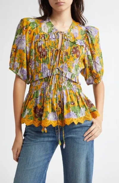 Farm Rio Floral Tie Front Top In Capri Floral Yellow
