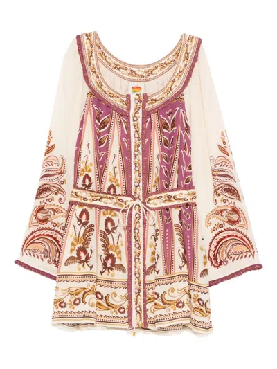 Farm Rio Sand Delicate Ainika Long Sleeve Belted Mini Dress In Pink