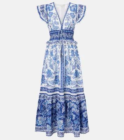 Farm Rio Shell Garden Cotton Ruffle Maxi Dress In Blue