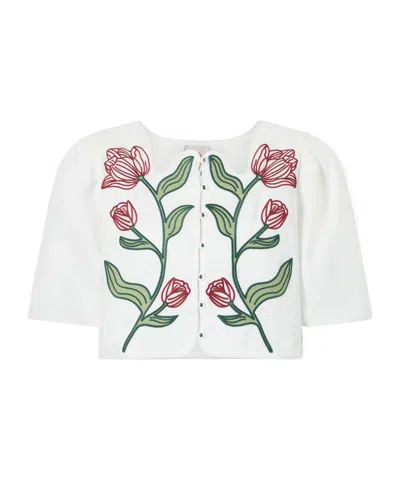 Farm Rio Floral-embroidered Cropped Linen Top In White
