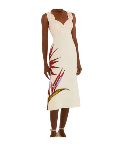 Farm Rio Sand-colored Linen Midi Dress With Strelitzia Pattern In Brown
