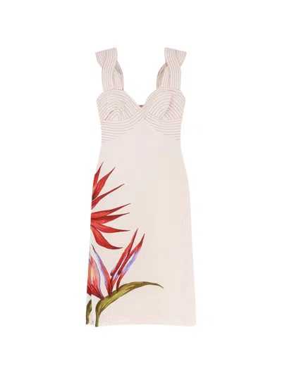 Farm Rio Sand-colored Linen Midi Dress With Strelitzia Pattern In Brown