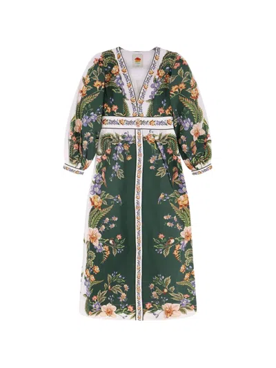 Farm Rio Green Nature V Neck Buttoned Maxi Dress In Multi