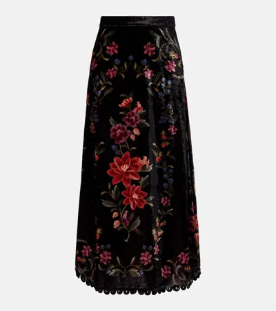 Farm Rio Floral Print Velvet Skirt In Black