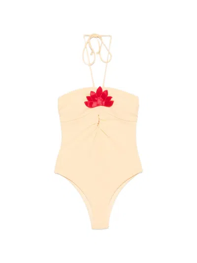 Farm Rio Floral-applique Halterneck Swimsuit In Gray