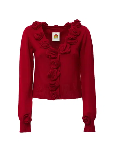 Farm Rio Floral-appliqué Knit Cardigan In Red