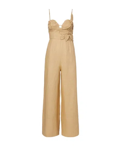 Farm Rio Floral-appliqué Linen Jumpsuit In Neutral