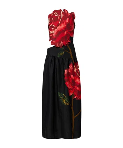 Farm Rio Floral-appliqué Linen-blend Cocktail Dress In Black