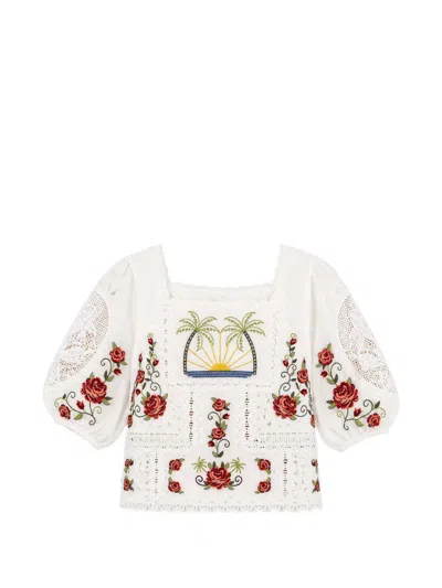 Farm Rio Floral-embroidered Broderie-anglaise Blouse In Neutral