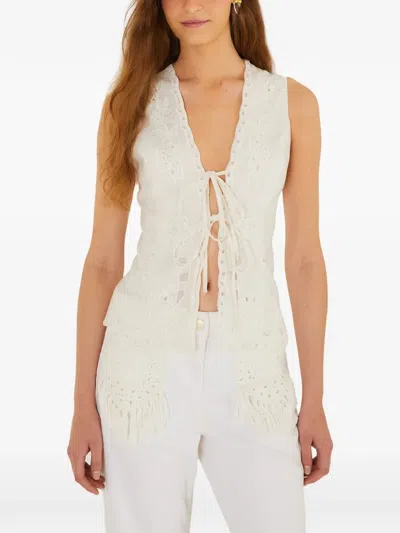 Farm Rio Floral-embroidered Fringe Top In White