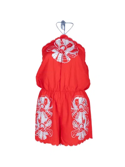 Farm Rio Floral-embroidered Halterneck Romper In Red