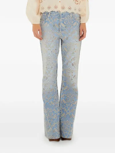 Farm Rio Floral-embroidered Jeans In Blue