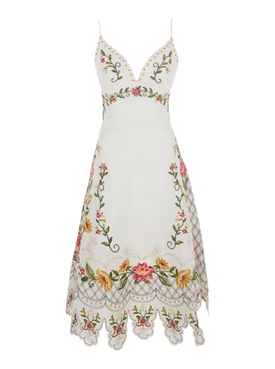 Farm Rio Floral-embroidered Linen Dress In White