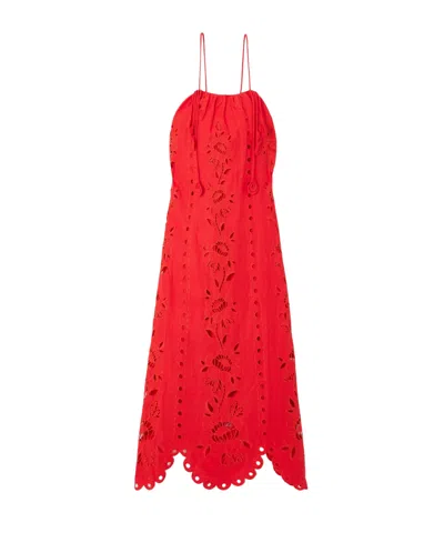 Farm Rio Floral-embroidered Midi Dress In Red