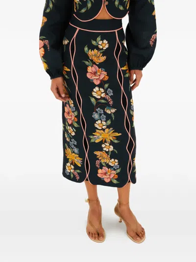 Farm Rio Floral-embroidered Midi Skirt In Black