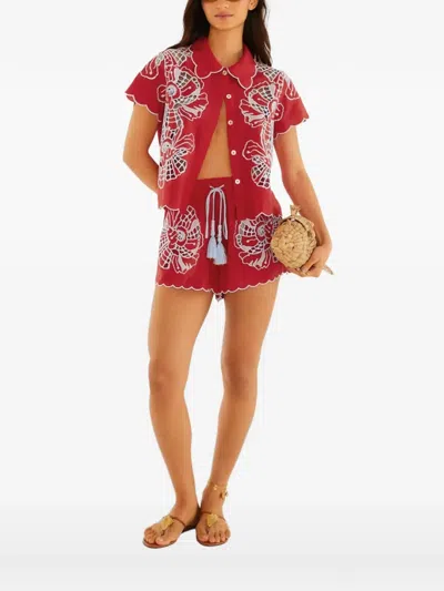 Farm Rio Embroidered Linen-blend Drawstring Mini Shorts With Side Pockets In Burgundy
