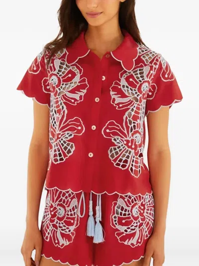 Farm Rio Short-sleeve Cut-out Embroidered Button-up Blouse In Red
