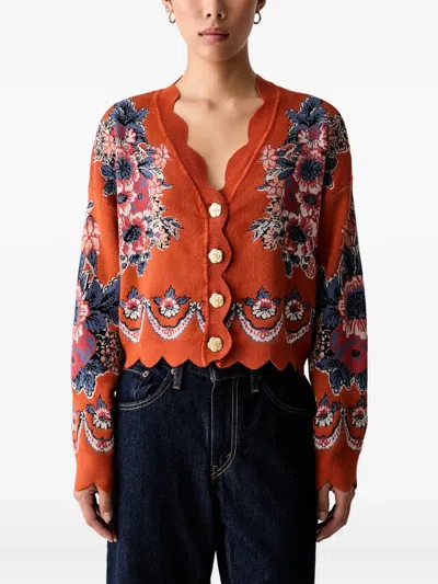 Farm Rio Floral-intarsia Scallop-edge Cardigan In Orange