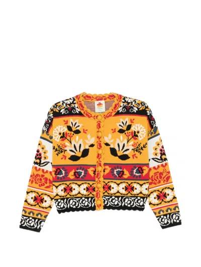 Farm Rio Floral-intarsia Scalloped-trim Cardigan In Multi