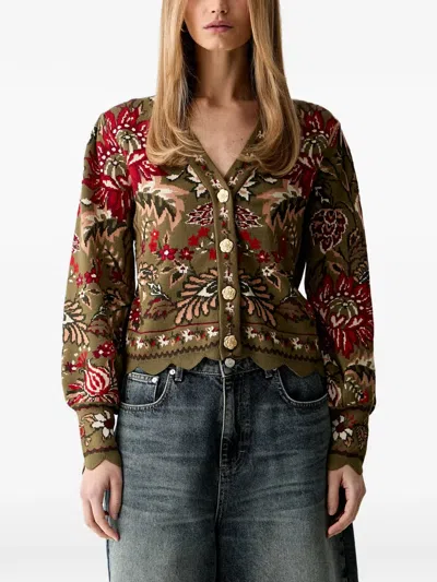 Farm Rio Floral-pattern Scallop-hem Cardigan In Green