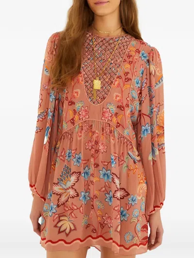 Farm Rio Boho Enchance Long Sleeve Floral Minidress In Brown