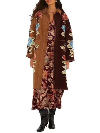 Farm Rio Floral-embroidered Blanket-stitch Coat In Brown