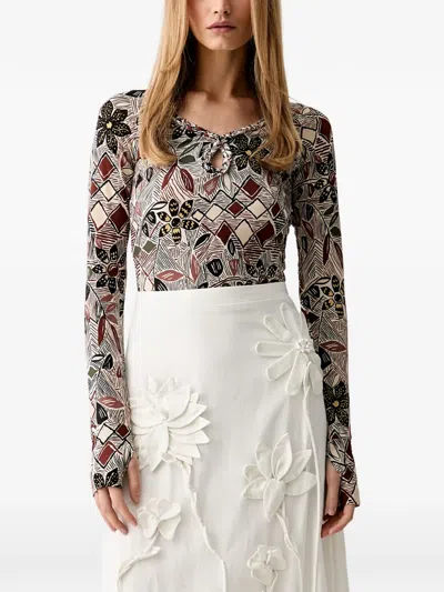 Farm Rio Floral-print Keyhole-neck T-shirt In Multi