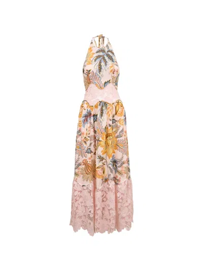 Farm Rio Floral-print Lace-panel Maxi Dress In Pink
