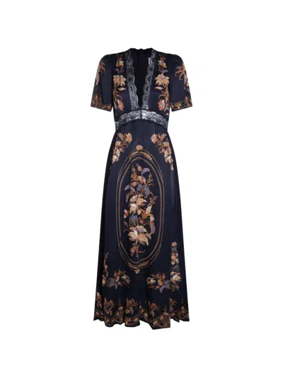 Farm Rio Floral-print Lace-trim Maxi Dress In Blue