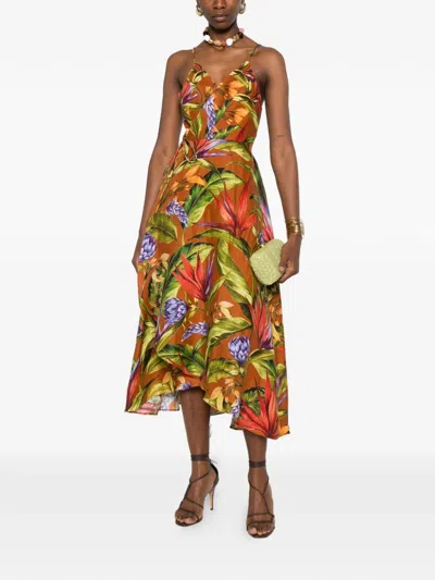 Farm Rio Brown Florart Euroflax Premium Linen Midi Wrap Dress
