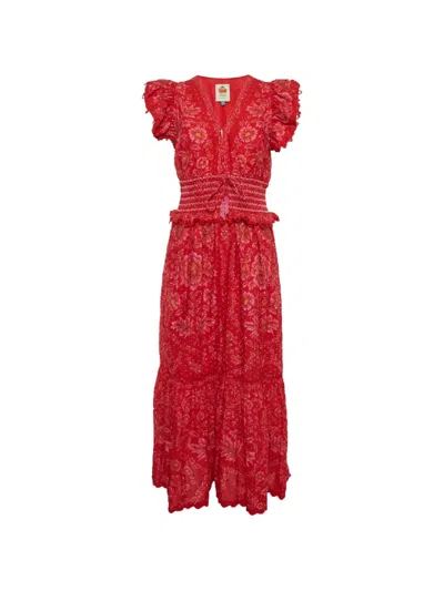 Pre-owned Farm Rio Floral-print Ruffled Maxi Dress In Red