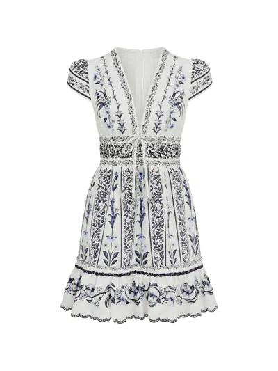 Farm Rio White Midi Dress With V-neck And Blue Floral Pattern