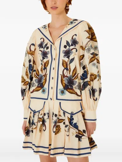 Farm Rio Womens Golden Nature Cream Floral-print Pleated Cotton Mini Dress Xs In Multi