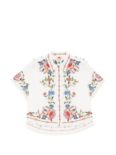 Farm Rio Floral-print Short-sleeve Shirt In White