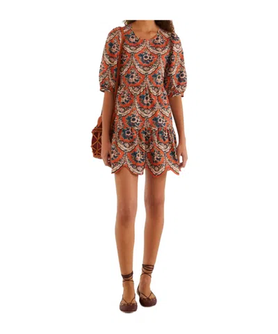Farm Rio Terracotta Victorian Floral Puff Sleeve Mini Dress In Multi