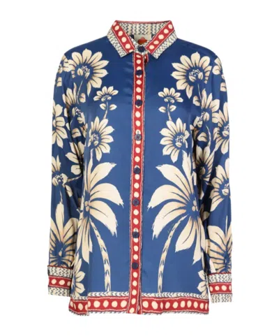 Farm Rio Floral-printed Long-sleeved Shirt In Blue
