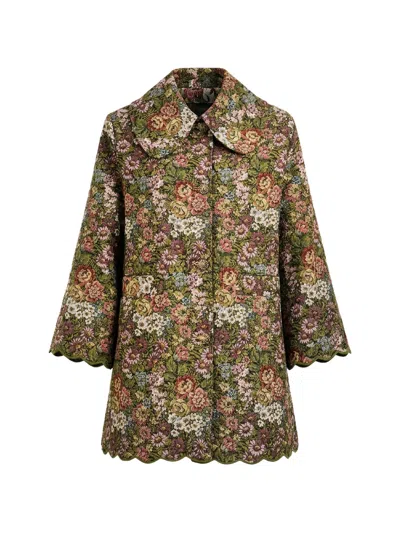 Farm Rio Floral-tapestry Scalloped-edge Coat In Green
