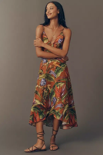 Farm Rio Florart Linen Sleeveless Plunge Midi Dress In Multi