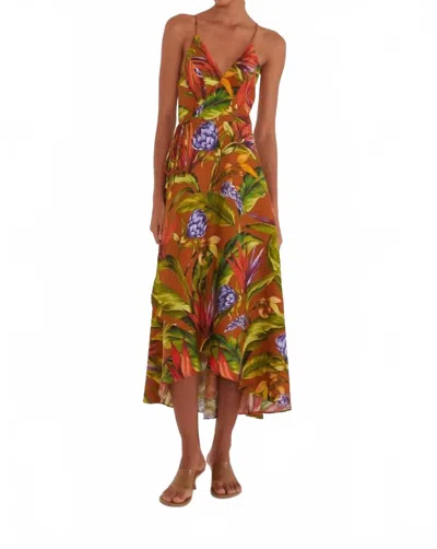Farm Rio Brown Florart Euroflax Premium Linen Midi Wrap Dress