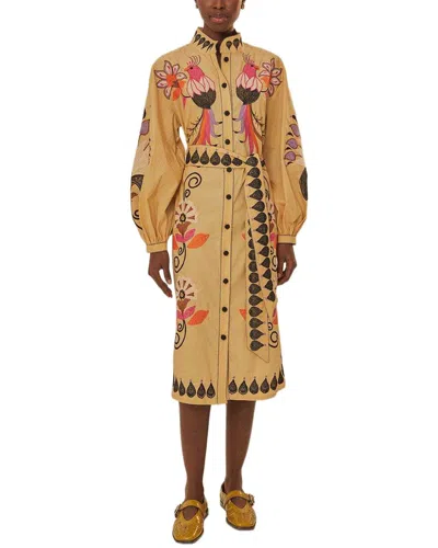 Farm Rio Flower Bird Embroidered Khaki Midi Dress In Yellow